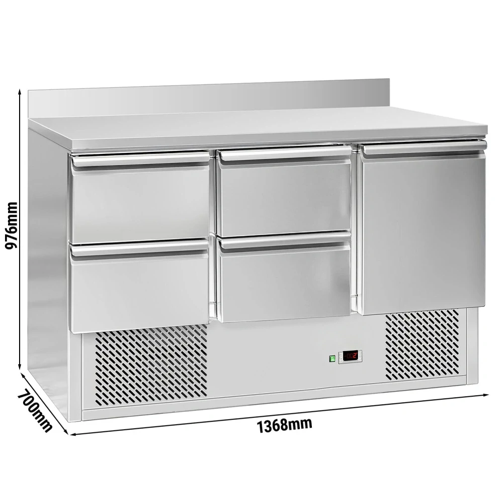 Chladicí stůl ECO - 1370x700 mm - s 1 dveřmi - 4 zásuvkami - se zadní lištou