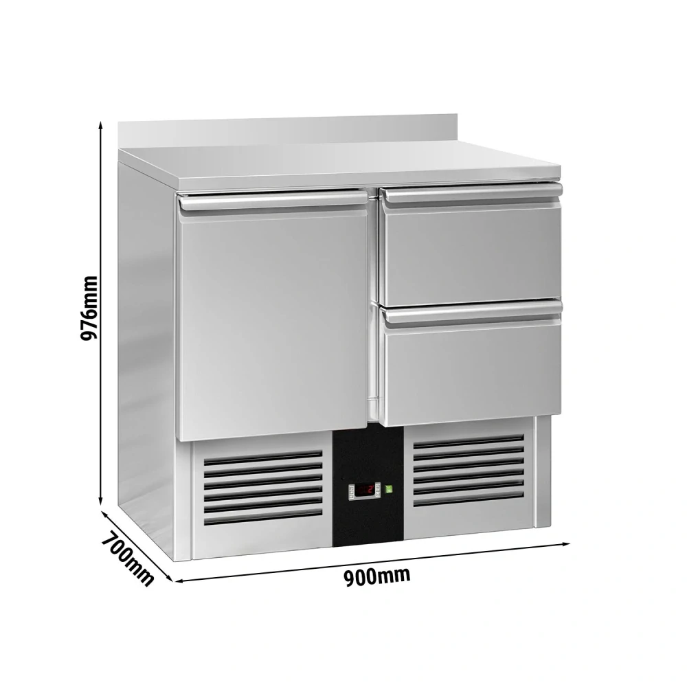 Chladicí stůl PREMIUM - 900x700 mm - s 1 dveřmi - s 2 zásuvkami - zadní lištou