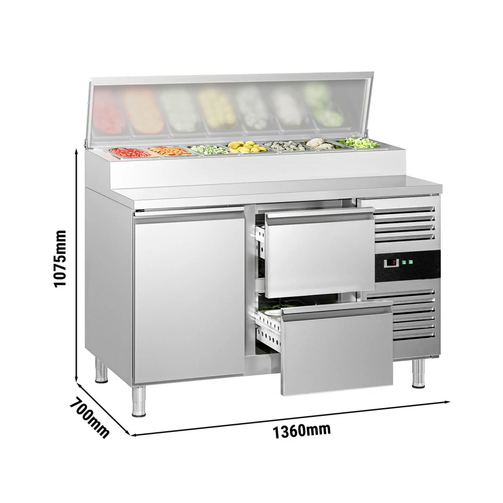 Přípravný chladicí stůl PREMIUM - 1360 mm - 1 dveře & 2 zásuvky - pro 7× GN 1/3