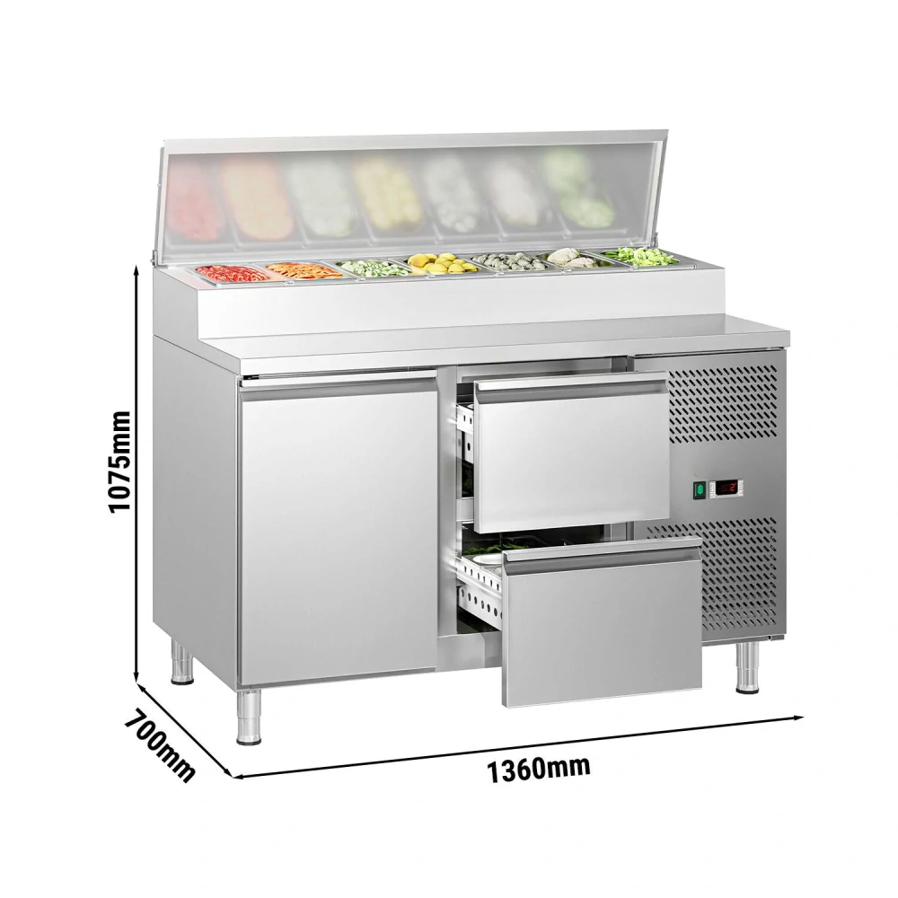 Přípravný stůl ECO - 1360 mm - 1 dveře & 2 zásuvky - Pro 7× GN 1/3