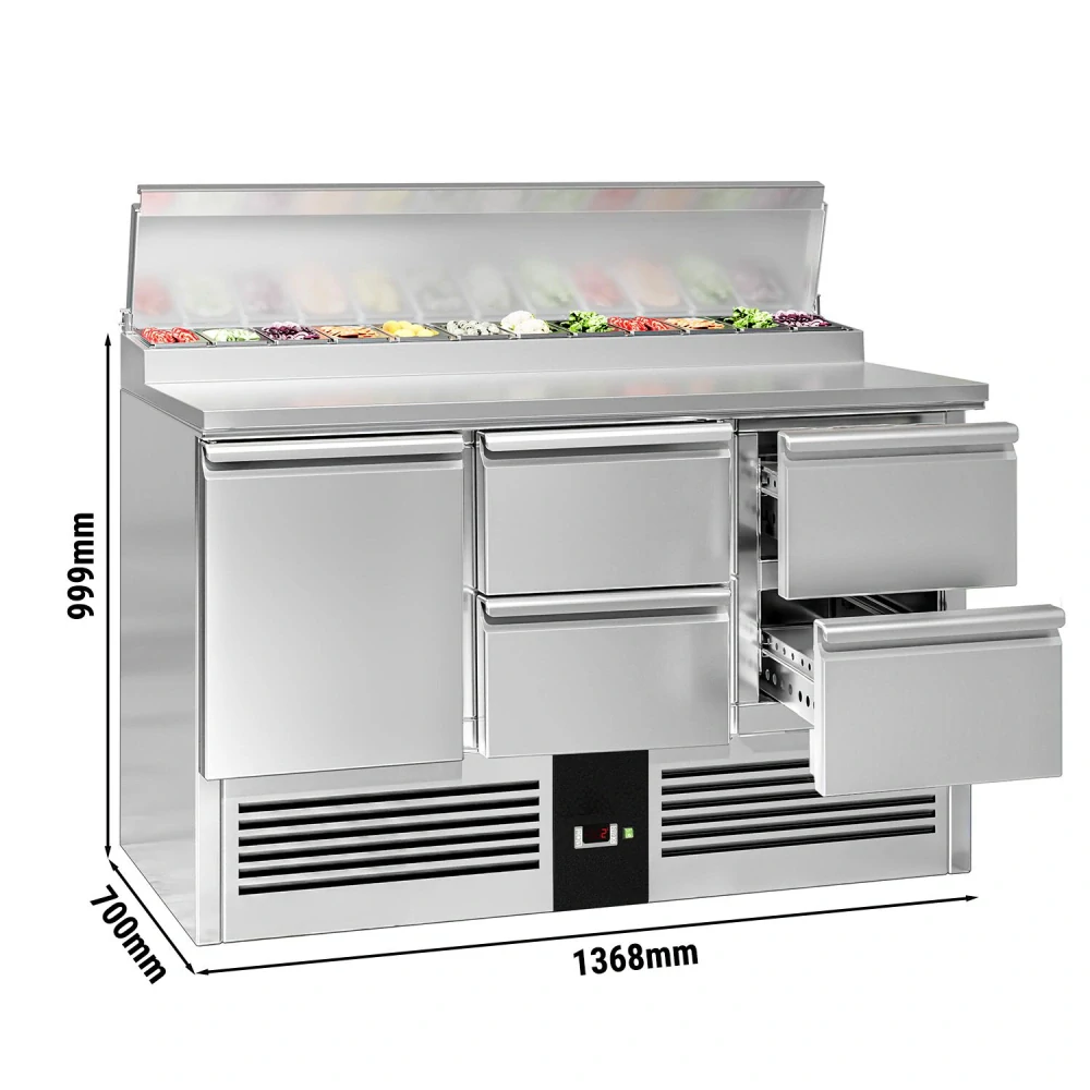 Přípravný stůl Mini PREMIUM - 1368 mm - 1 dveře & 4 zásuvky - pro 8× GN 1/6