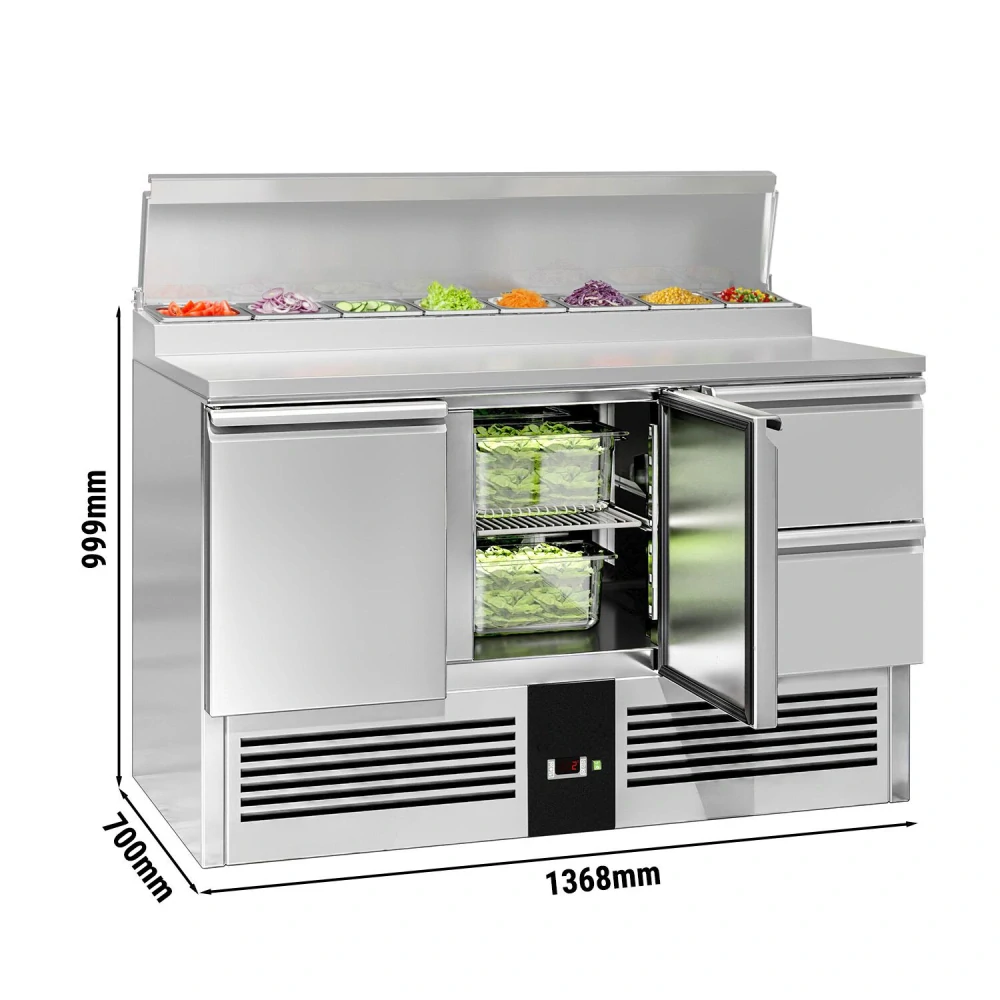 Přípravný stůl Mini PREMIUM - 1368 mm - 2 dveře & 2 zásuvky - pro 8× GN 1/6