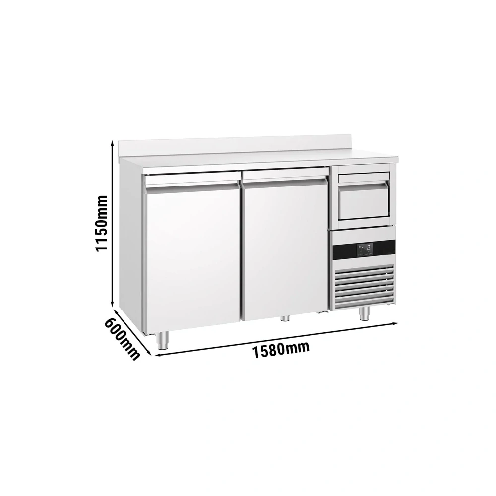 Barový chladicí stůl PREMIUM - 1580x600 mm - se 2 dveřmi, zadní lištou & odklepávačem na kávu
