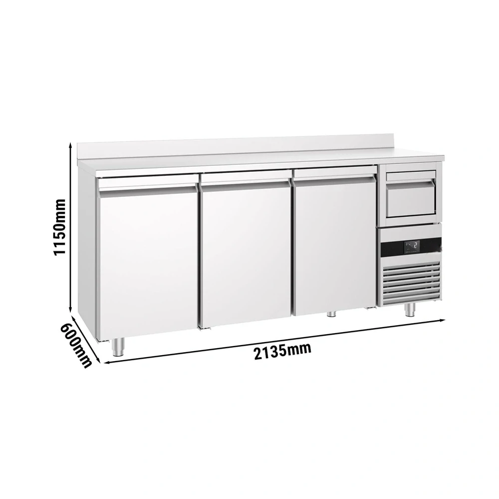 Barový chladicí stůl PREMIUM - 2135x600 mm - se 3 dveřmi, zadní lištou & odklepávačem na kávu