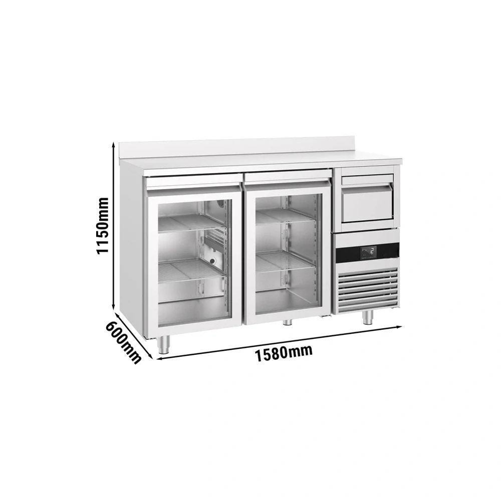 Barový chladicí stůl PREMIUM - 1580x600 mm - se 2 skleněnými dveřmi, zadní lištou & odklepávačem na kávu