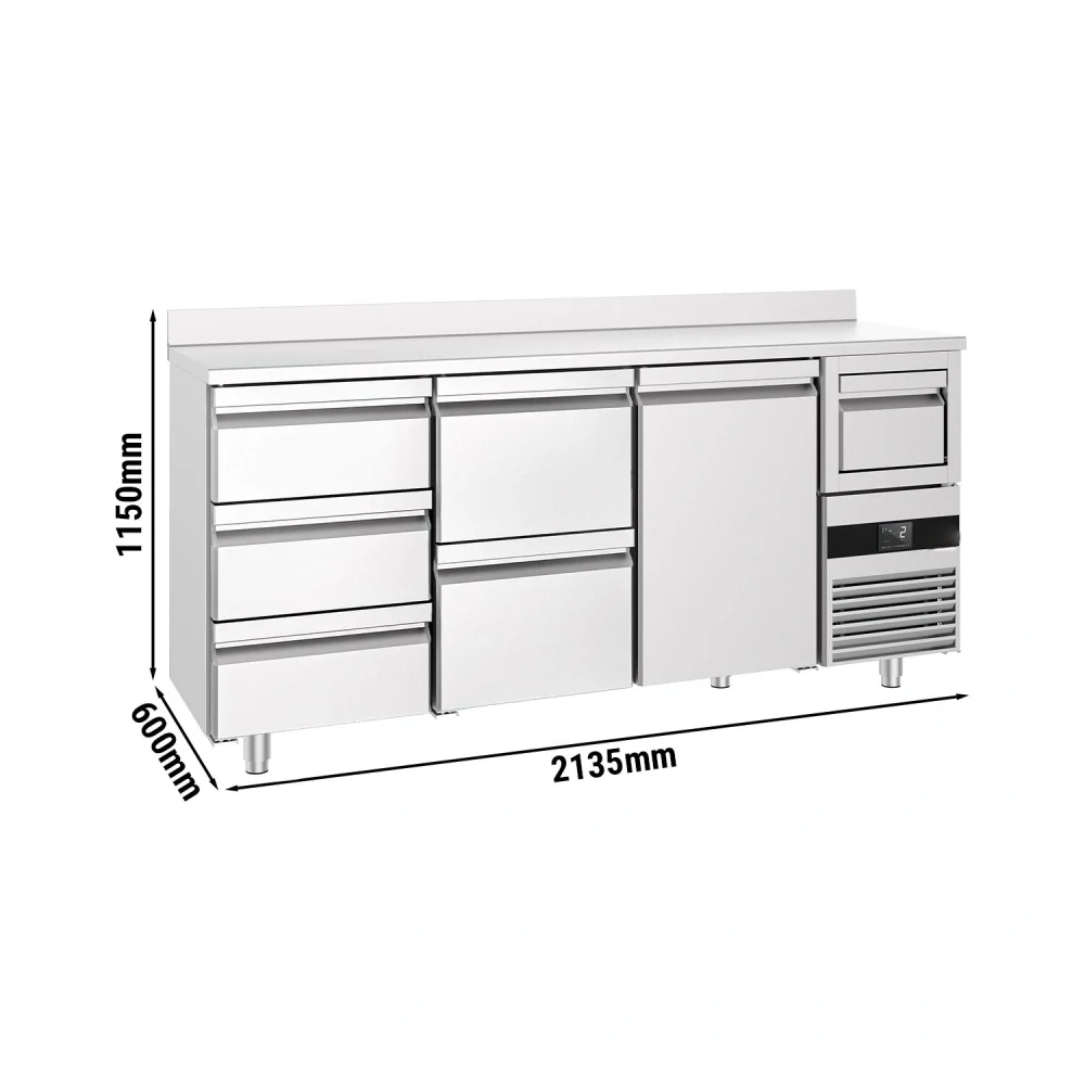 Barový chladicí stůl PREMIUM - 2130x600 mm - s 1 dveřmi, 5 zásuvkami, zadní lištou & odklepávačem na kávu