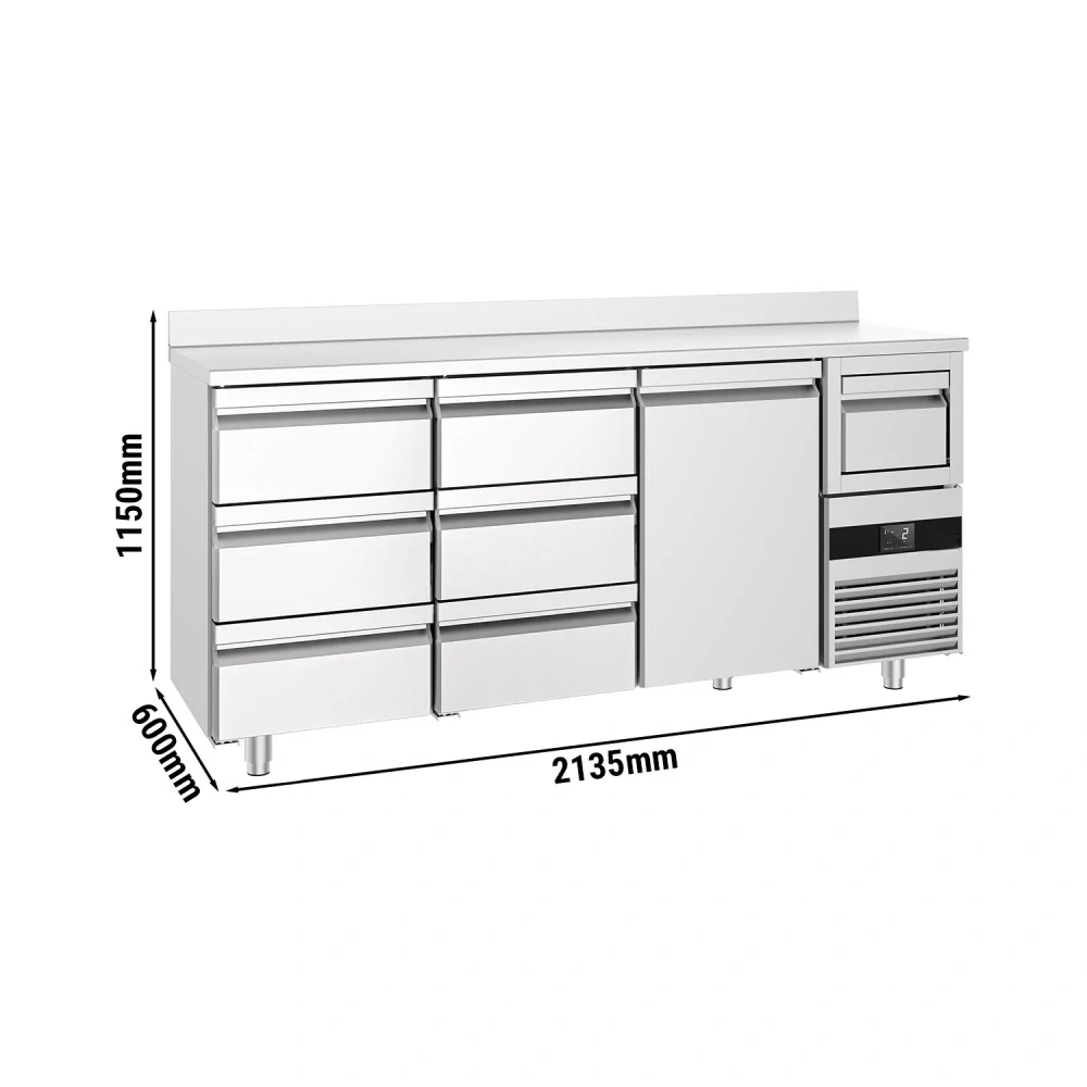 Barový chladicí stůl PREMIUM - 2130x600 mm - s 1 dveřmi, 6 zásuvkami, zadní lištou & odklepávačem na kávu