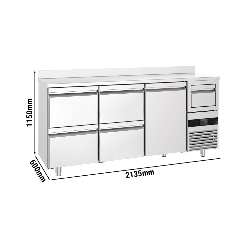 Barový chladicí stůl PREMIUM - 2135x600 mm - s 1 dveřmi, 4 zásuvkami, zadní lištou & odklepávačem na kávu