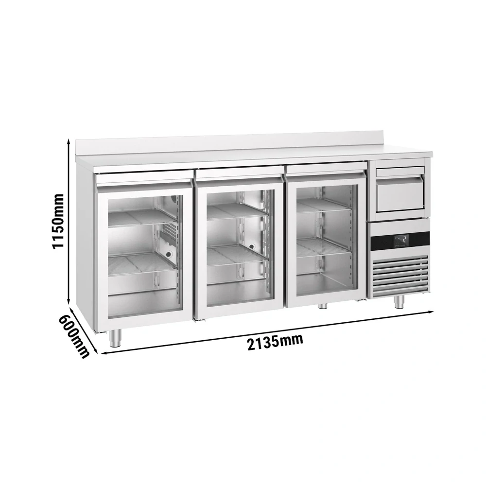 Barový chladicí stůl PREMIUM - 2135x600 mm - se 3 dveřmi, zadní lištou & odklepávačem na kávu