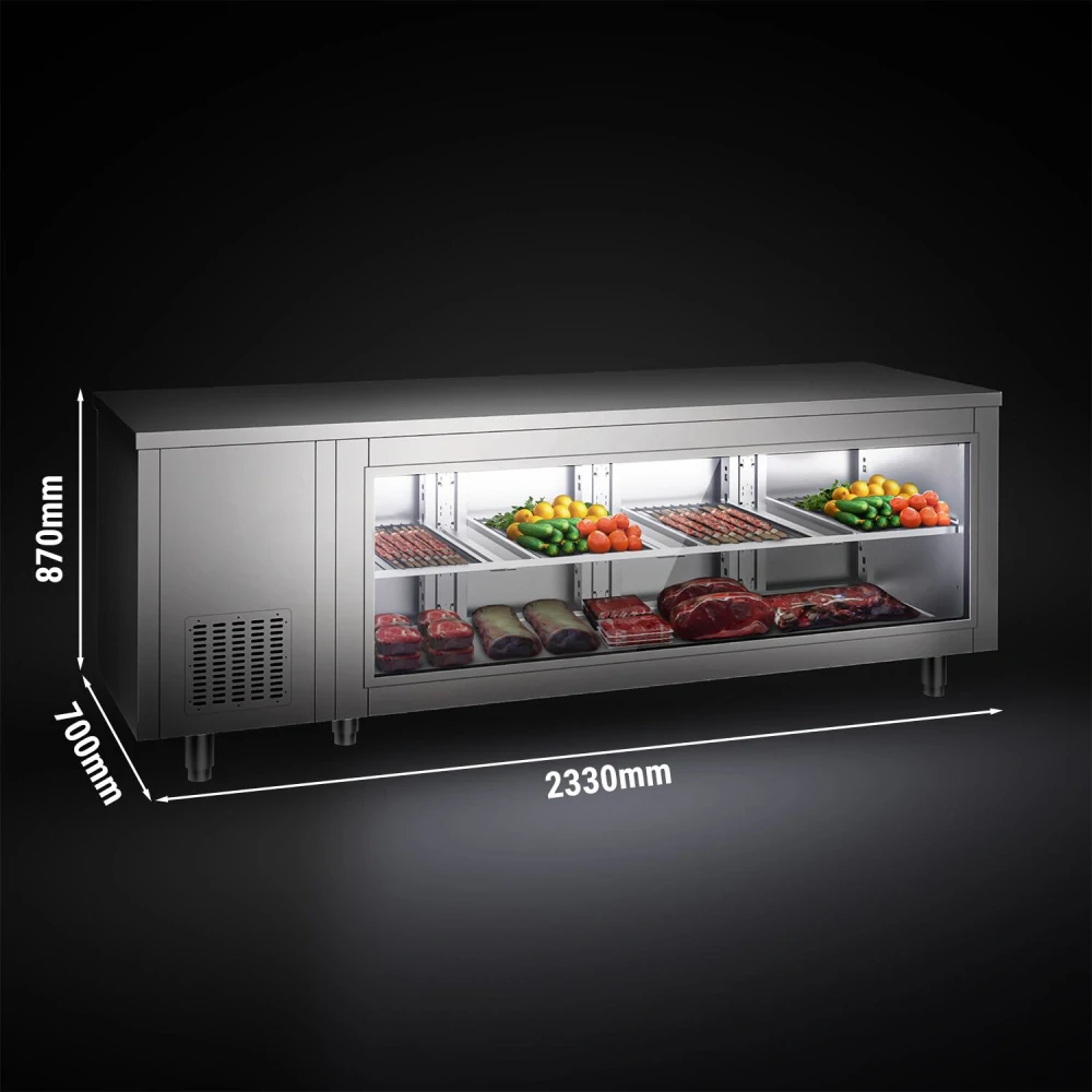 Chladicí stůl - 2330x700x850 mm - 632 l - se skleněným čelem - s 4 dveřmi