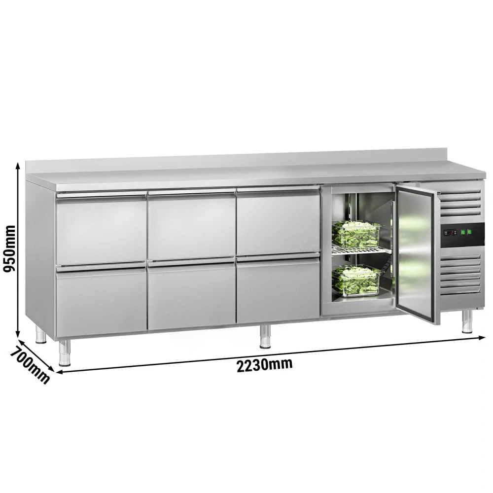 Chladicí stůl ECO - 2230x700 mm - s 1 dveřmi - s 6 zásuvkami - se zadní lištou