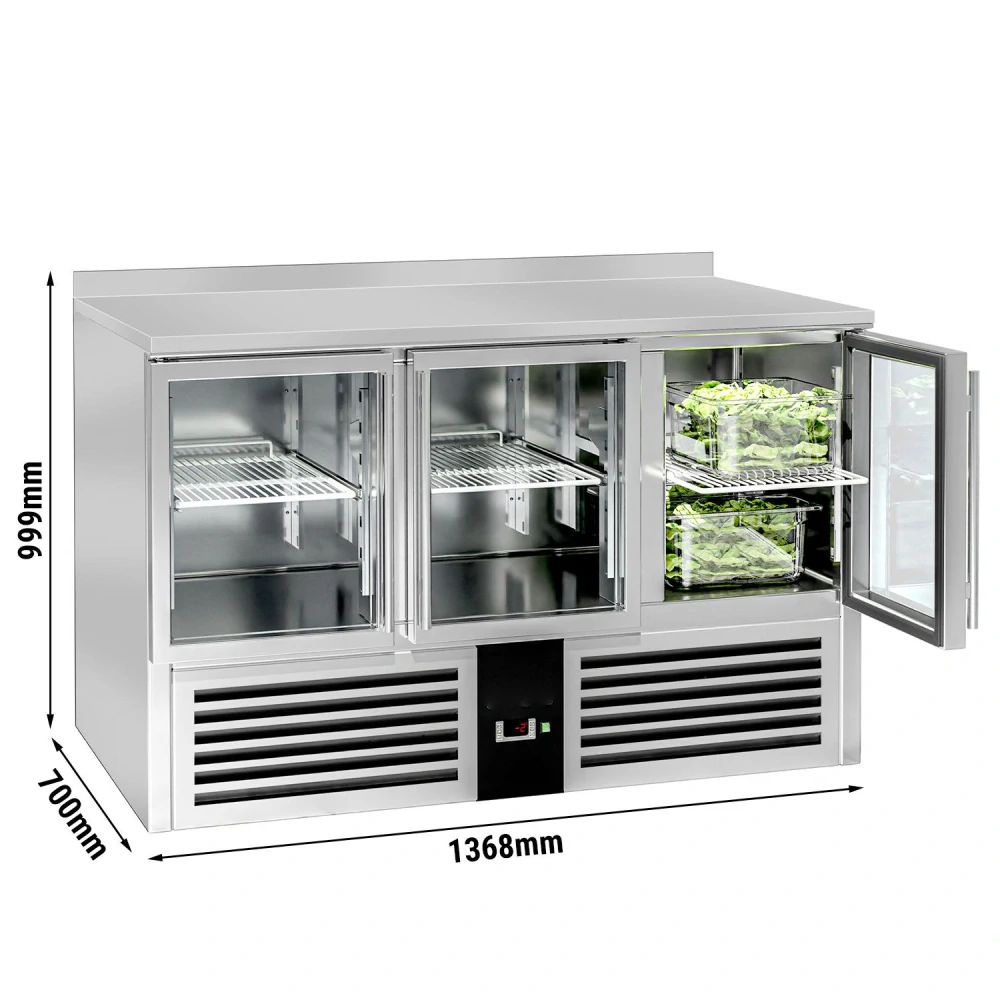 Chladicí stůl PREMIUM - 1370x700 mm - 3 skleněné dveře - zadní lišta