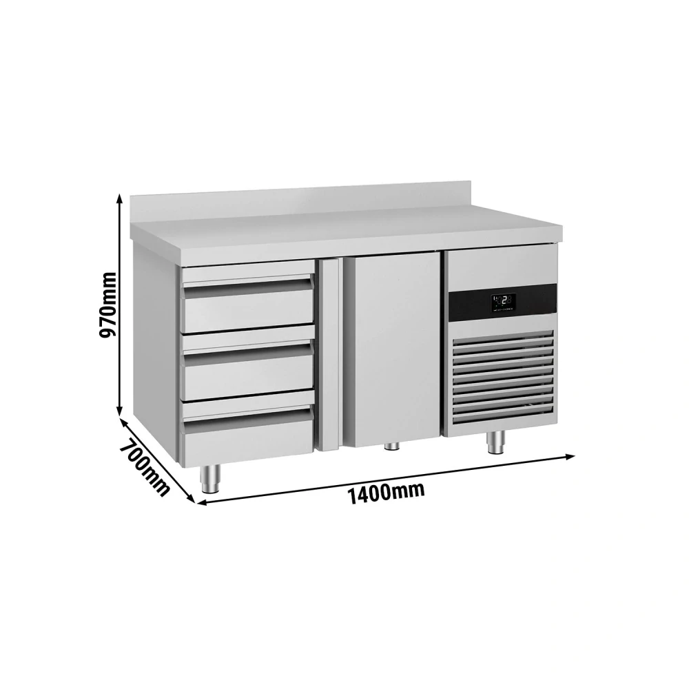 Chladicí stůl PREMIUM - 1400x700 mm - 1 dveře - 3 zásuvky - se zadní lištou