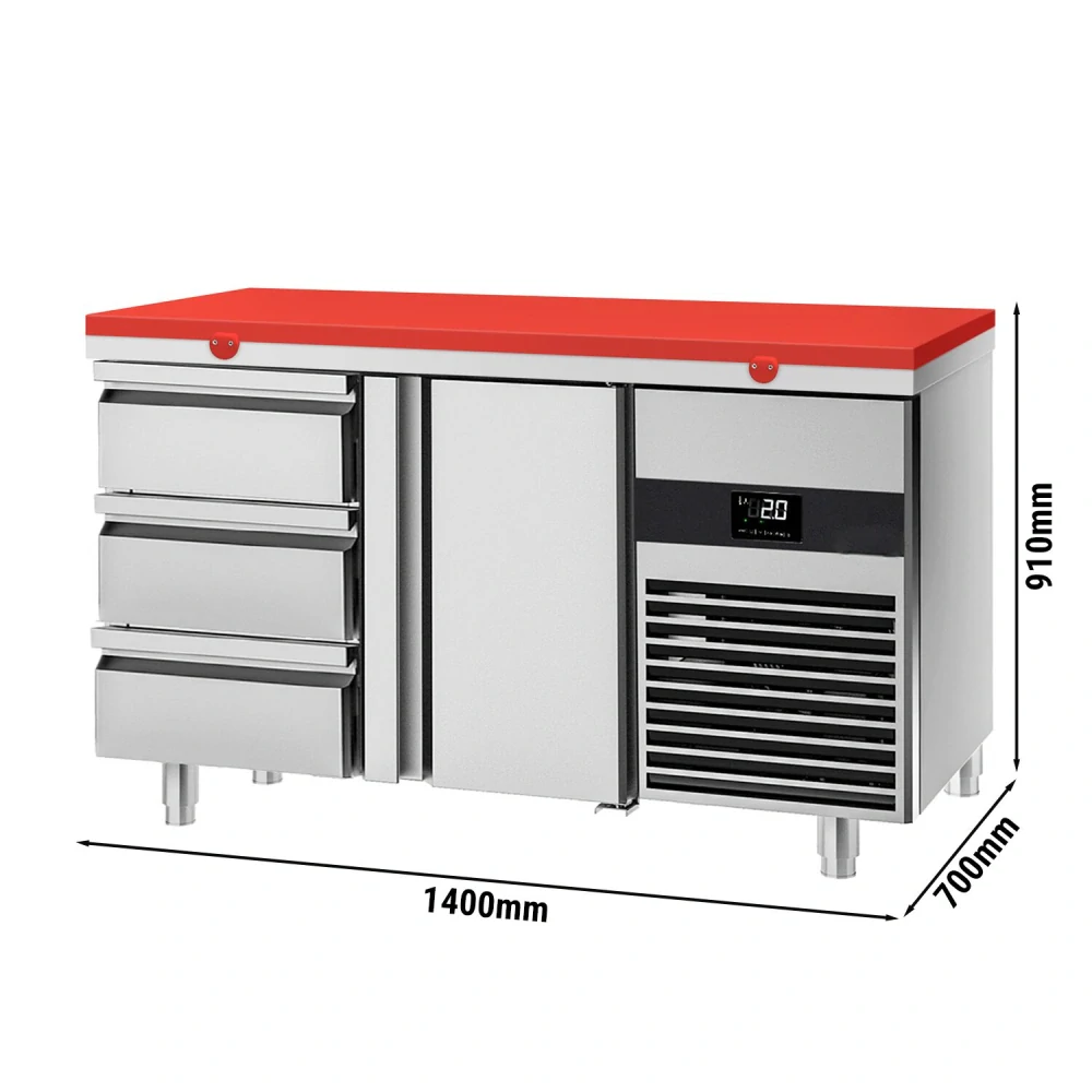 Chladicí stůl PREMIUM - 1400x700 mm - 1 dveře - 3 zásuvky - vč. červené krájecí desky