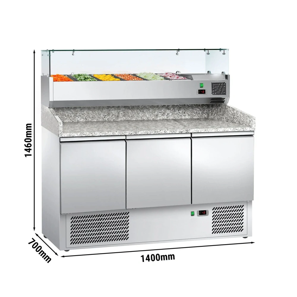 Chladicí stůl na pizzu ECO - 1400x700 mm - se 3 dveřmi - se žulovou pracovní deskou - vč. chladicí nástavbové vitríny - 6x GN 1/4