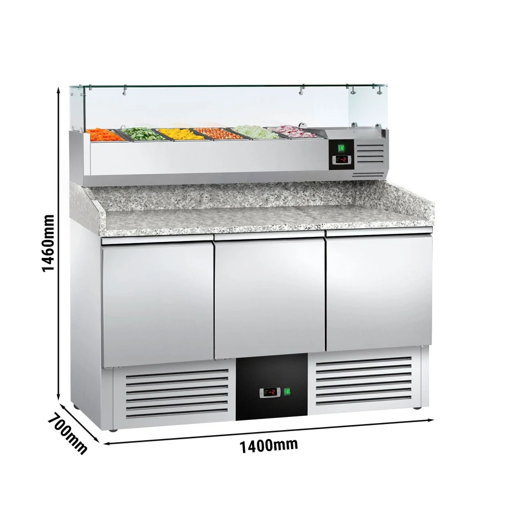 Chladicí stůl na pizzu PREMIUM - 1400x700 mm - se 3 dveřmi - vč. chladicí nástavbové vitríny - 6x GN 1/4 - se žulovou pracovní deskou