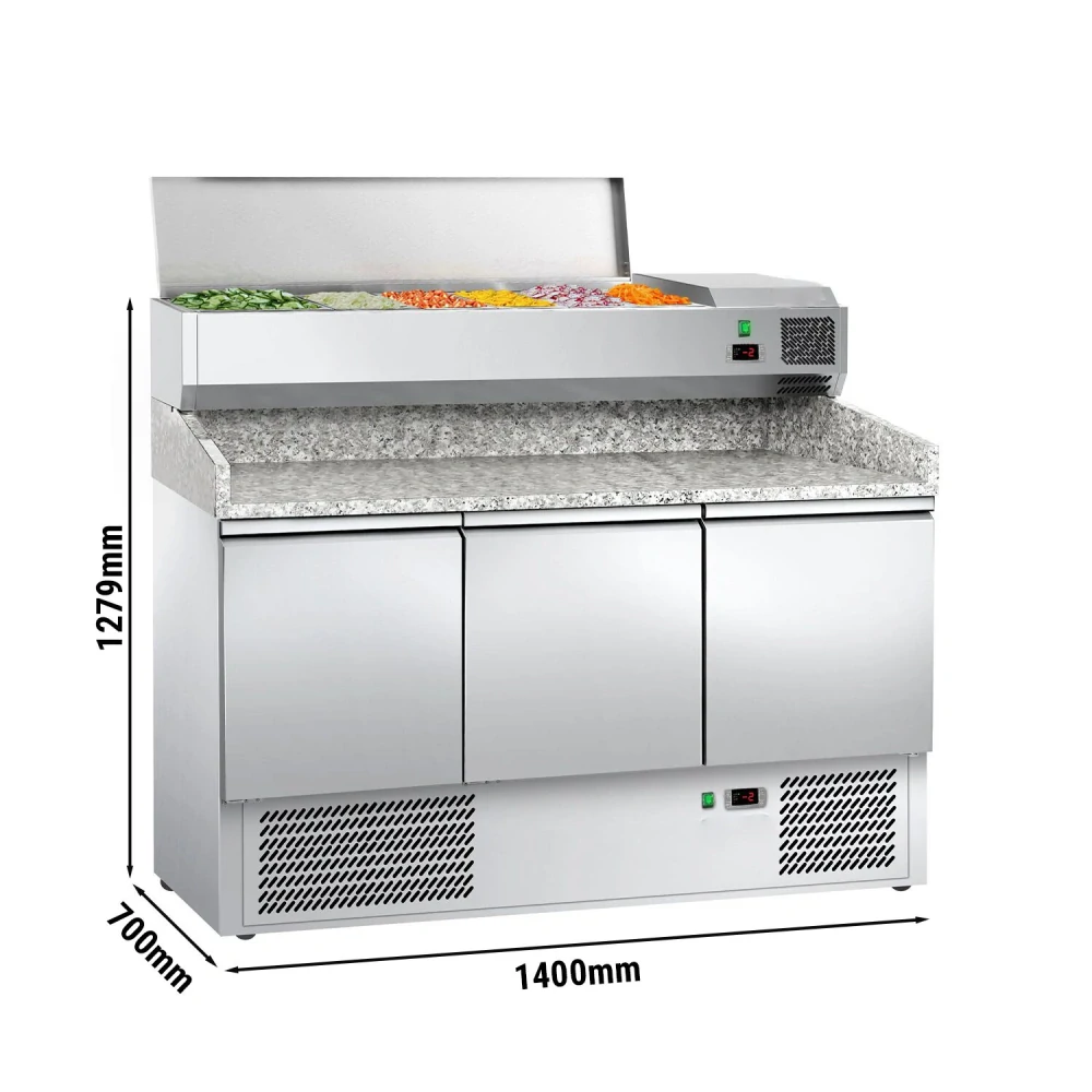 Chladicí stůl na pizzu ECO - 1400x700 mm - se 3 dveřmi - se žulovou pracovní deskou - vč. chladicí nástavbové vitríny - 6x GN 1/4