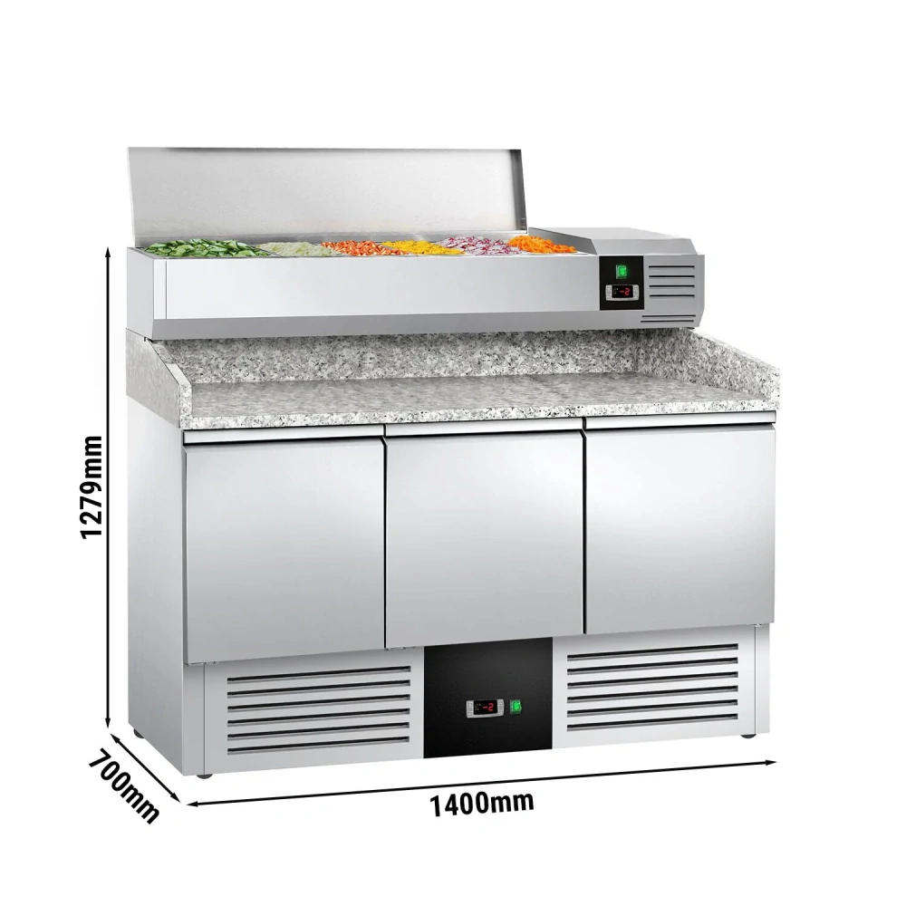 Chladicí stůl na pizzu PREMIUM - 1400x700 mm - se 3 dveřmi - se žulovou pracovní deskou - vč. chladicí nástavbové vitríny - 6x GN 1/4