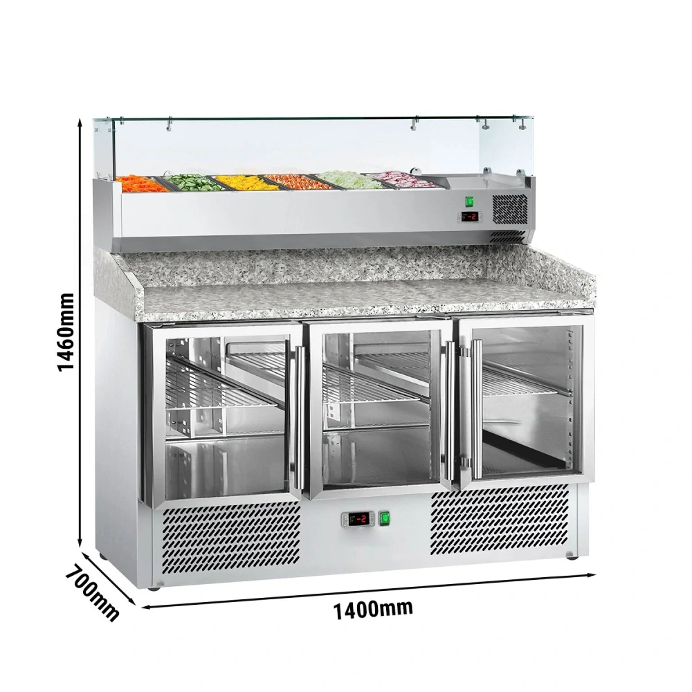 Chladicí stůl na pizzu ECO - 1400x700 mm - se 3 dveřmi - se žulovou pracovní deskou - vč. chladicí nástavbové vitríny - 6x GN 1/4 - se skleněným krytem