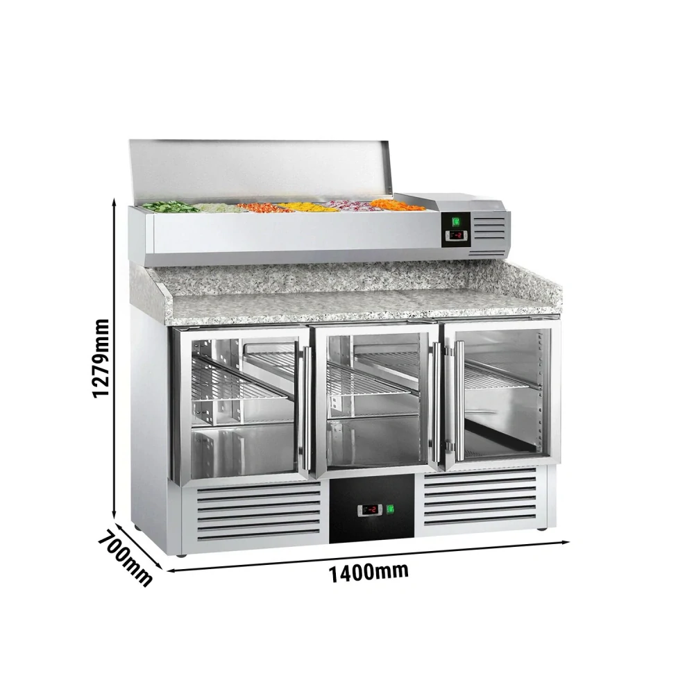 Chladicí stůl na pizzu PREMIUM - 1400x700 mm - se 3 dveřmi - se žulovou pracovní deskou - vč. chladicí nástavbové vitríny - 6x GN 1/4