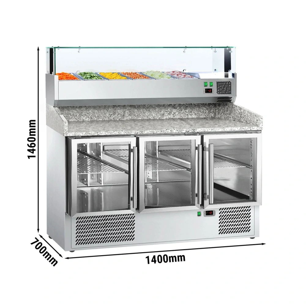 Chladicí stůl na pizzu ECO - 1400x700 mm - se 3 dveřmi - vč. chladicí nástavbové vitríny s LED osvětlením - 6x GN 1/4 - se žulovou pracovní deskou