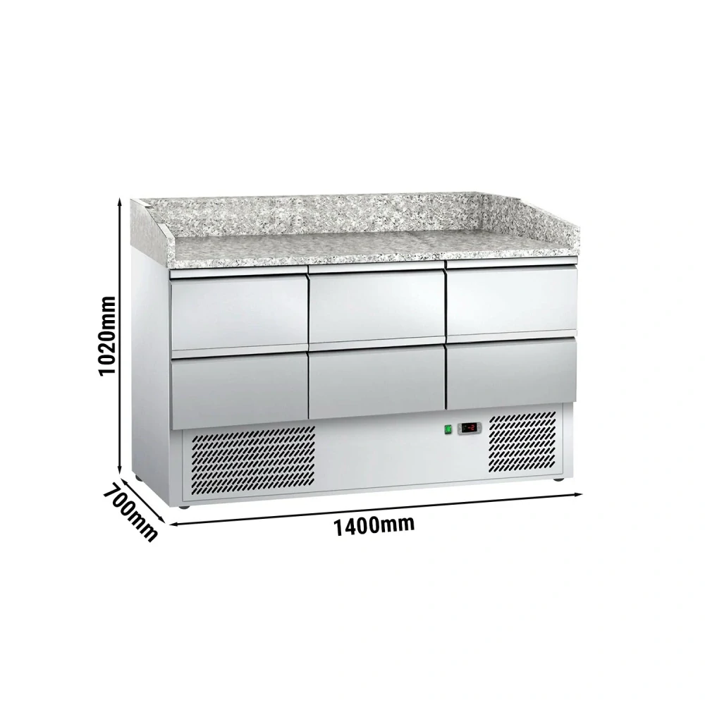 Chladicí stůl na pizzu ECO - 1400x700 mm - se 3 dveřmi a 6 zásuvkami - se žulovou pracovní deskou