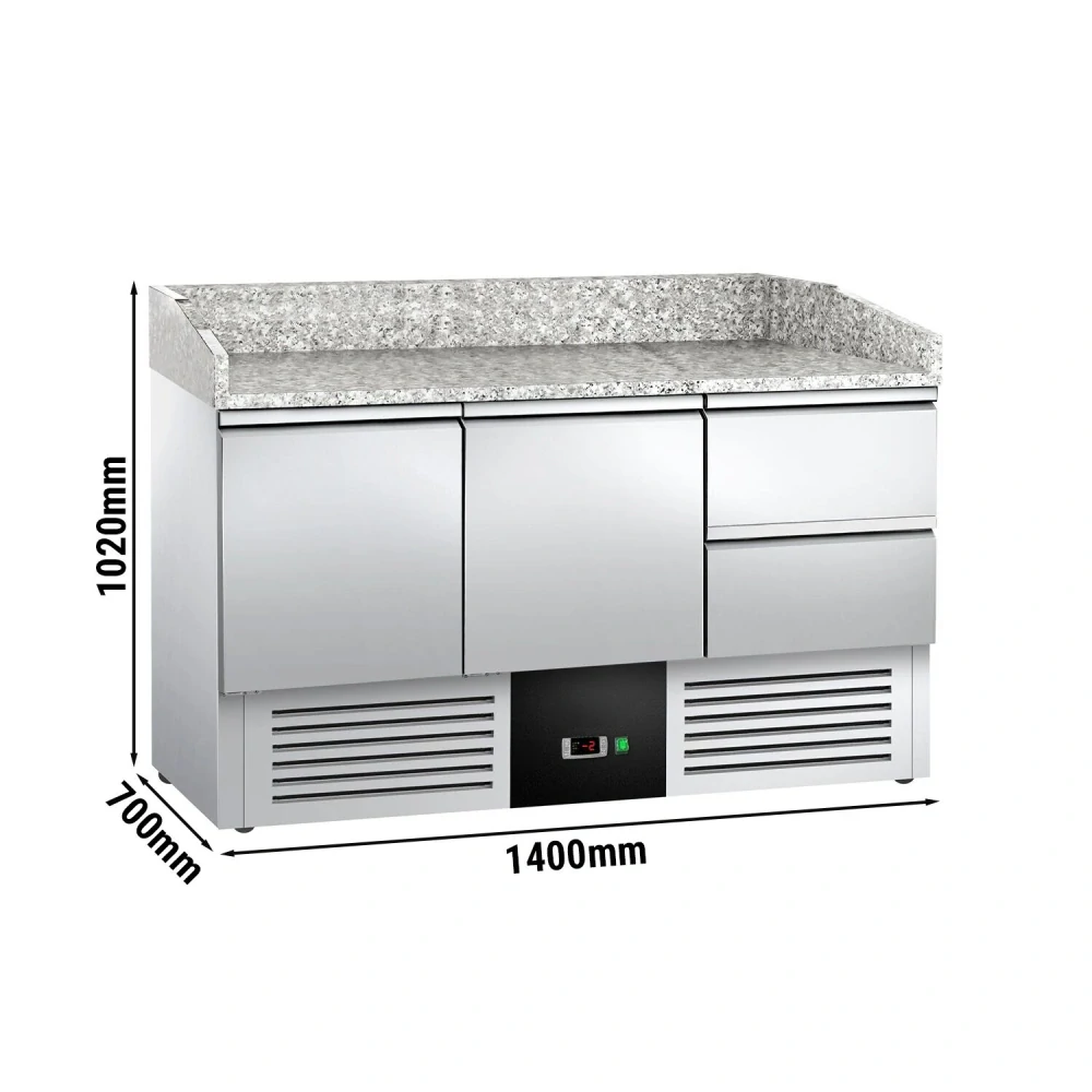Chladicí stůl na pizzu PREMIUM - 1400x700 mm - se 2 dveřmi a 2 zásuvkami - se žulovou pracovní deskou