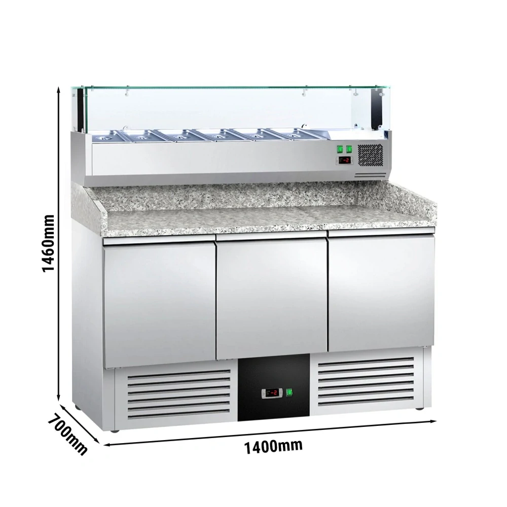 Chladicí stůl na pizzu PREMIUM - 1400x700 mm - se 3 dveřmi - se žulovou pracovní deskou - vč. chladicí nástavbové vitríny s LED osvětlením - 6x GN 1/4