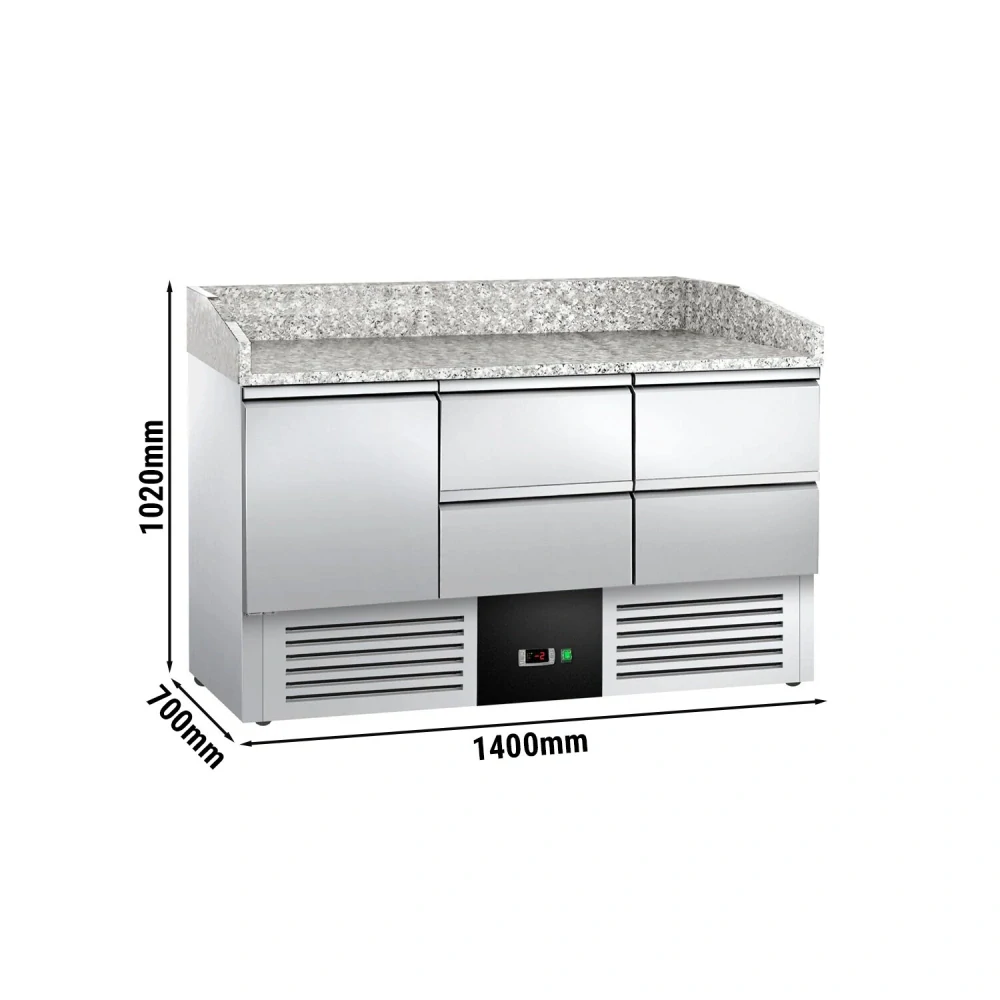 Chladicí stůl na pizzu PREMIUM - 1400x700 mm - se 1 dveřmi a 4 zásuvkami - se žulovou pracovní deskou