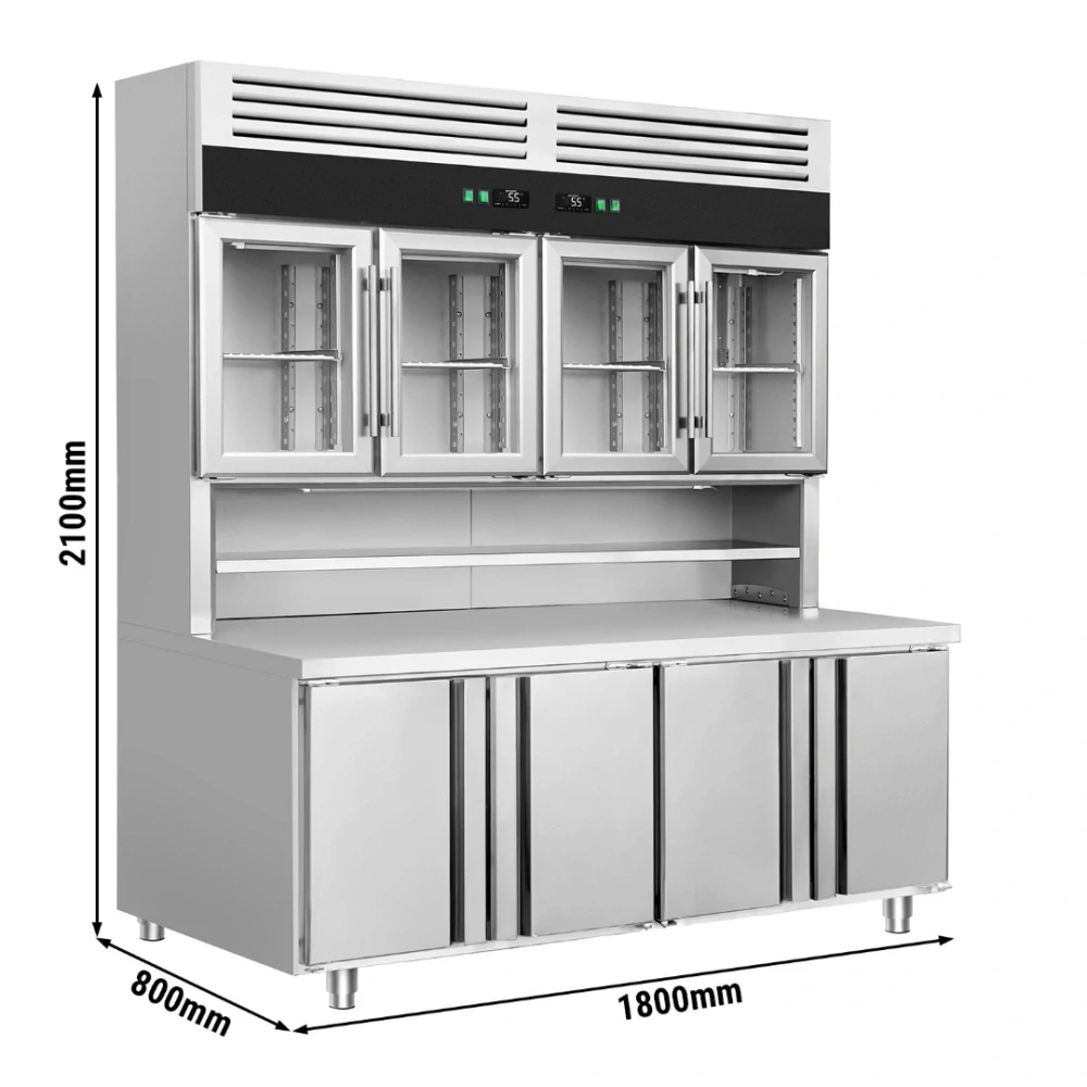 Chladicí stůl s přístěnným chladicím regálem - 1800x800x2100 mm - Dvojité zasklení - s 4 skleněnými dveřmi - s 4 dveřmi - pracovní deska