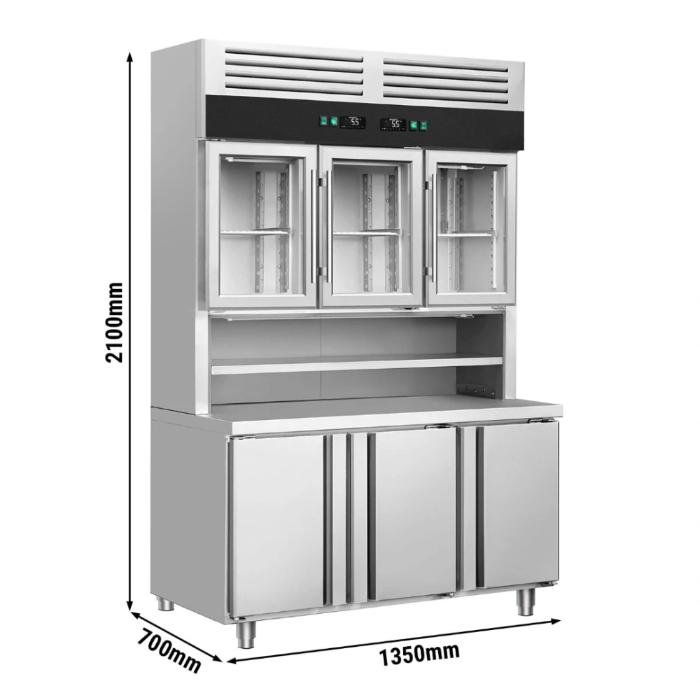 Přístěnný chladicí regál s chladicím stolem - 1350x700x2100 mm - 455 l - Dvojité zasklení - s 3 skleněnými dveřmi - s 3 dveřmi - pracovní deska