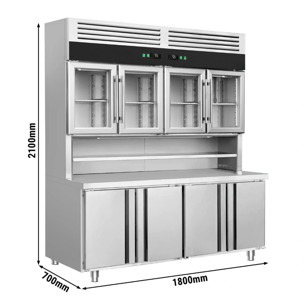 Chladicí stůl s přístěnným chladicím regálem - 1800x700x2100 mm - 655 l - Dvojité zasklení - s 4 skleněnými dveřmi - s 4 dveřmi - pracovní deska