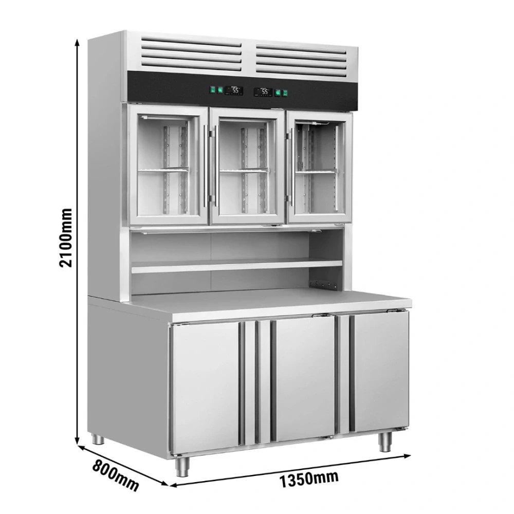 Chladicí stůl s přístěnným chladicím regálem - 1350x800x2100 mm - 520 l - s 3 skleněnými dveřmi - s 3 dveřmi - Dvojité zasklení - pracovní deska