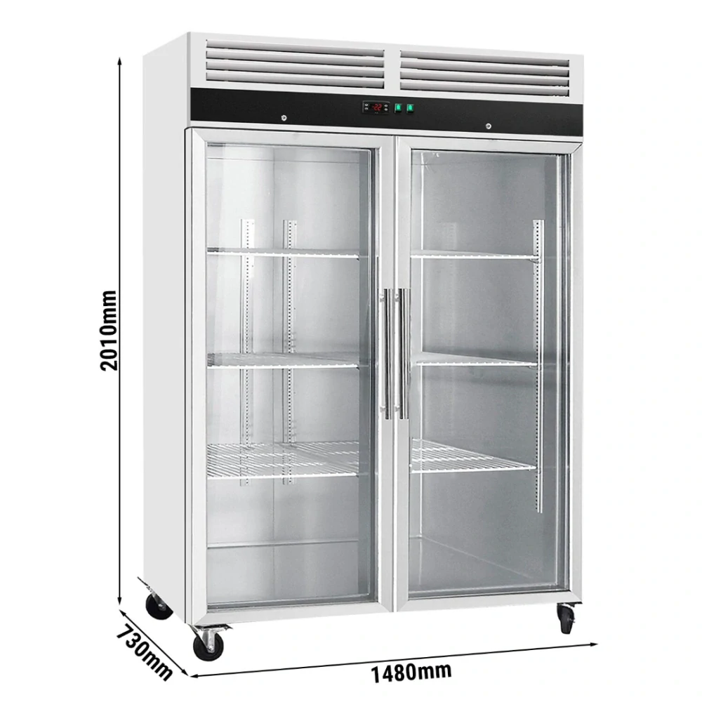 Nerezová mrazicí skříň ECO - GN 2/1 - 1480 mm - 864 l - až -22 °C - s 2 skleněné dveře - Digitální termostat; Vyhřívaný rám; Ventilované chlazení; Automatické odmrazování
