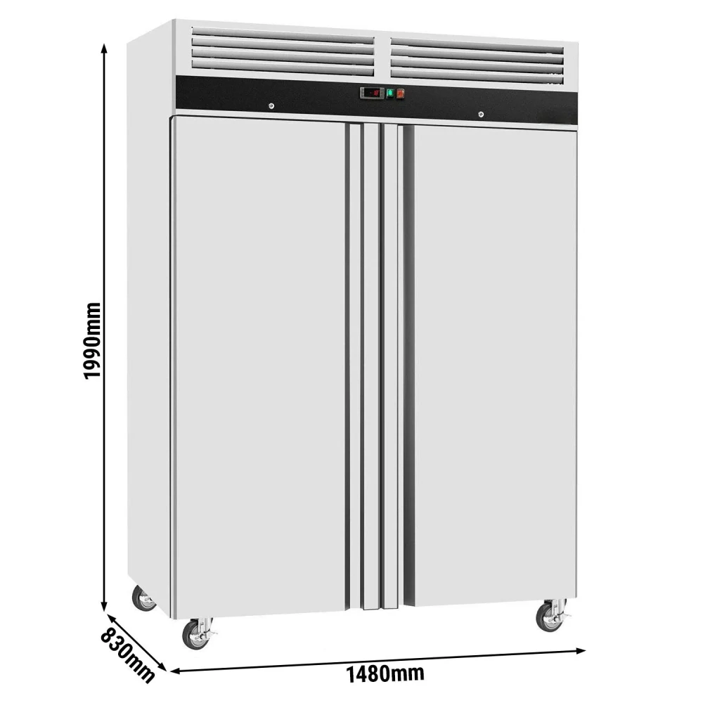 Nerezová mrazicí skříň ECO - GN 2/1 - 1480 mm - 960 l - až -22 °C - s 2 dveře - Digitální termostat; Automatické odmrazování; Ventilované chlazení; Uzamykatelné dveře