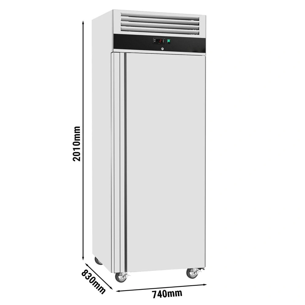 Nerezová mrazicí skříň ECO - GN 2/1 - 740 mm - 440 l - až -22 °C - s 1 dveře - Digitální termostat; Uzamykatelné dveře; Samozavírací dveře; Ventilované chlazení; Automatické odmrazování; Kolečka