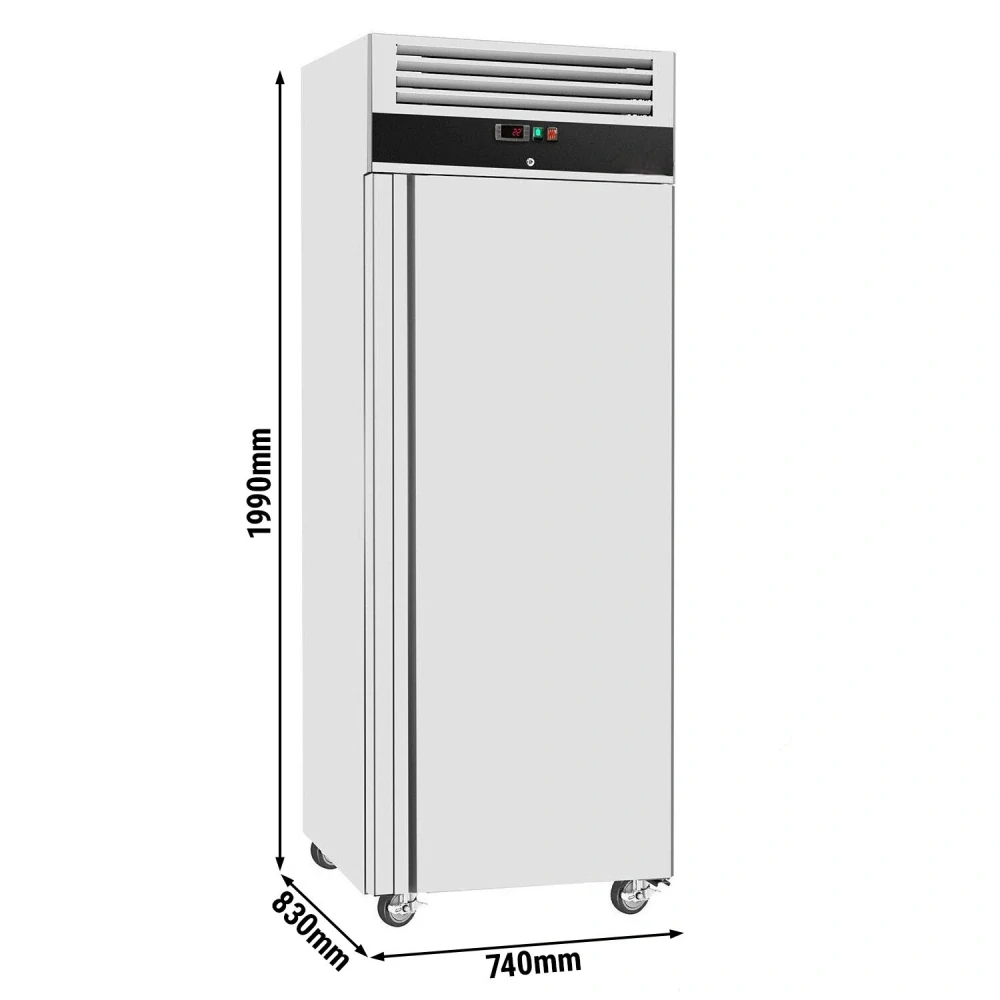 Nerezová mrazicí skříň ECO - GN 2/1 - 440 l - až -22 °C - s 1 dveře - Digitální termostat; Uzamykatelné dveře; Samozavírací dveře; Ventilované chlazení; Automatické odmrazování; Kolejnice & nosné rošty