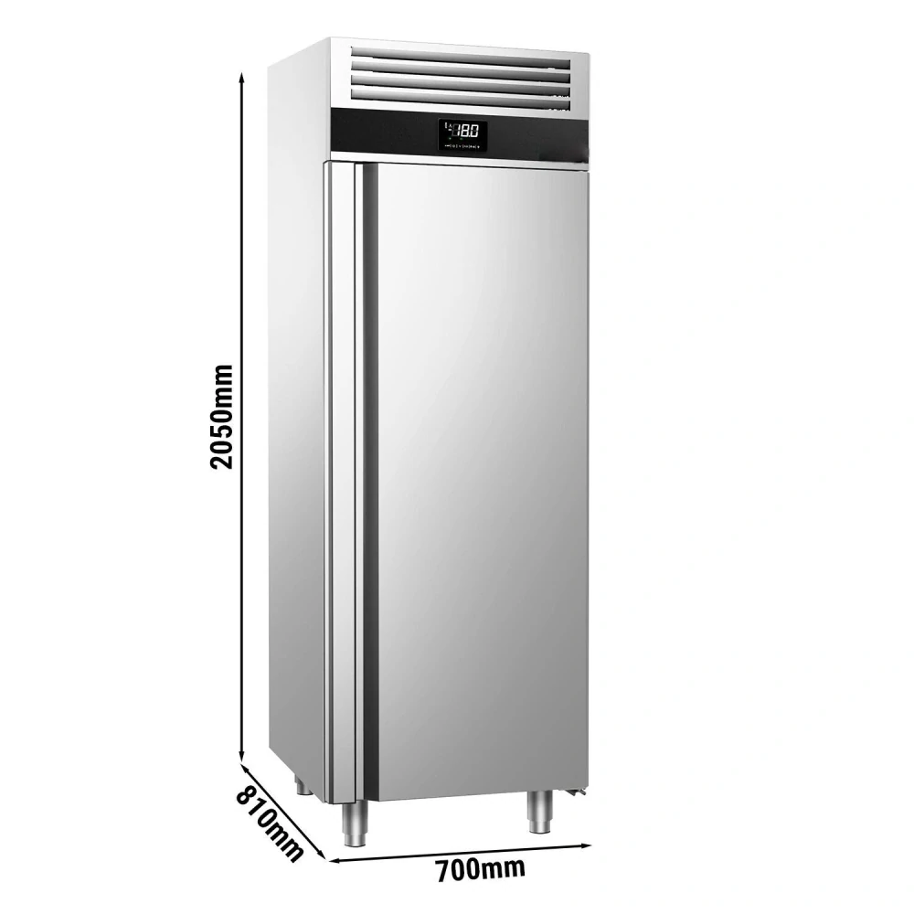 Nerezová mrazicí skříň PREMIUM - GN 2/1 - 700 mm - 700 l - až -20 °C až -12 °C - s 1 skleněné dveře - Digitální termostat; Samozavírací dveře; Ventilované chlazení; Automatické odmrazování; Vnitřní osvětlení