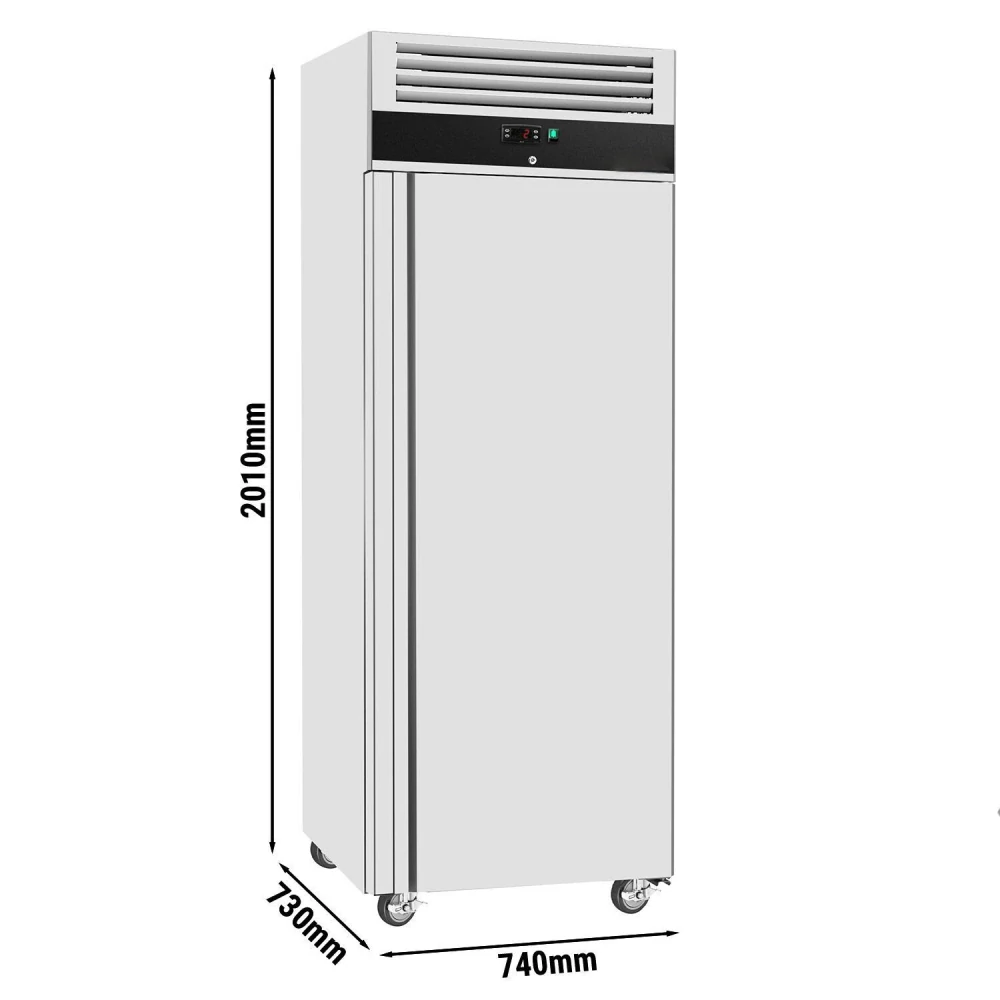 Nerezová mrazicí skříň ECO - GN 2/1 - 740 mm - 352 l - až -22 °C - s 1 dveře - Digitální termostat; Uzamykatelné dveře; Samozavírací dveře; Ventilované chlazení; Automatické odmrazování; Kolečka - Černá fronta