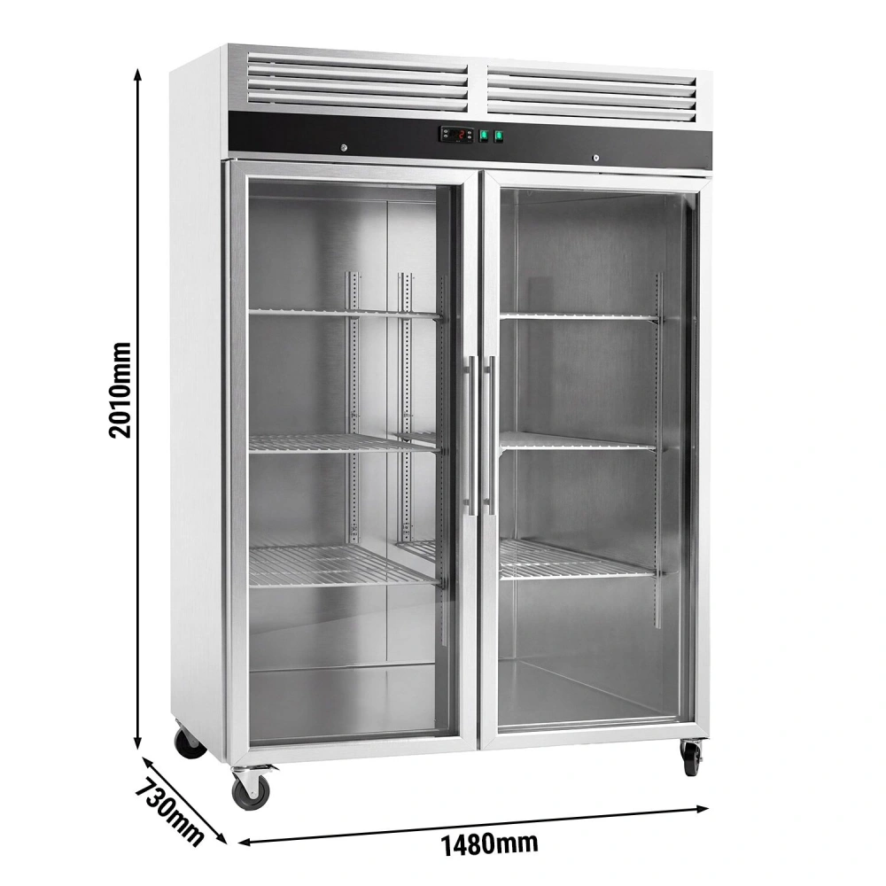 Nerezová skladovací lednice ECO - 1200 L - s 2 skleněnými dveřmi