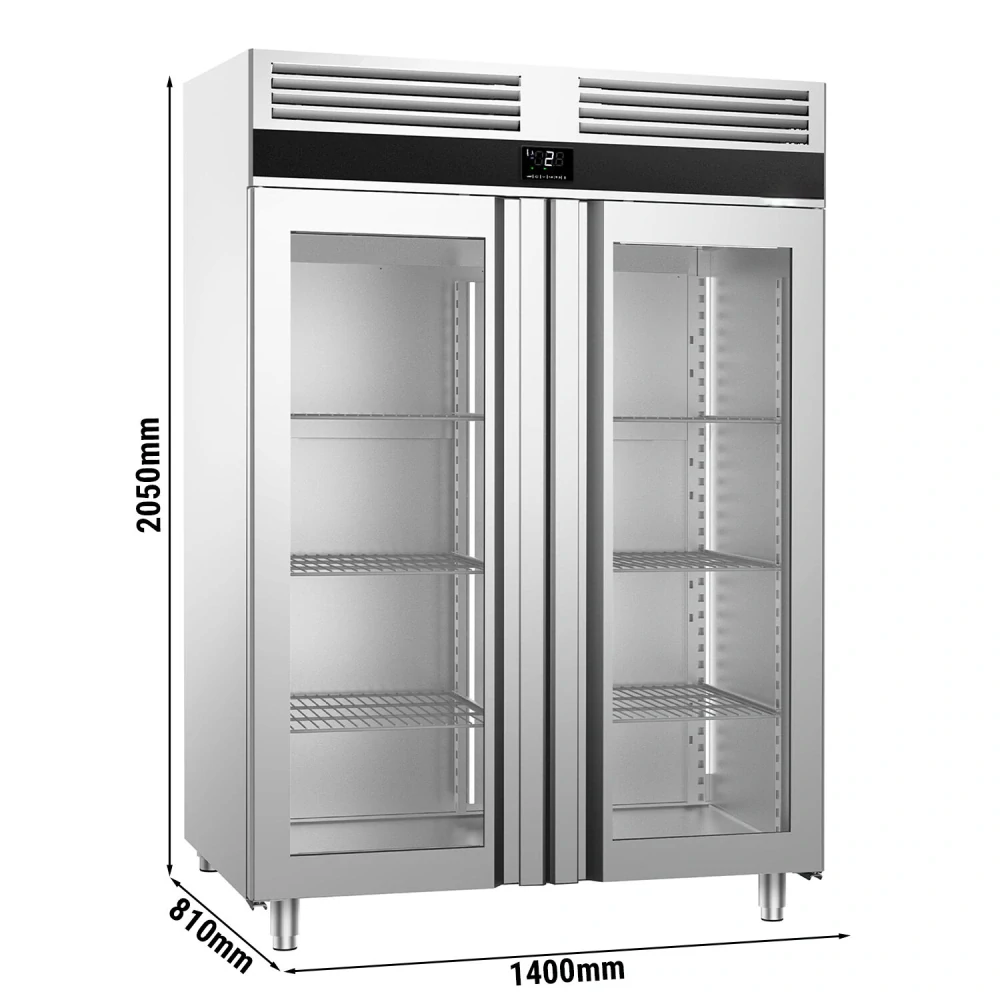 Nerezová chladicí skříň PREMIUM - GN 2/1 - 1 400 l - až +8 °C - s 2 skleněné dveře