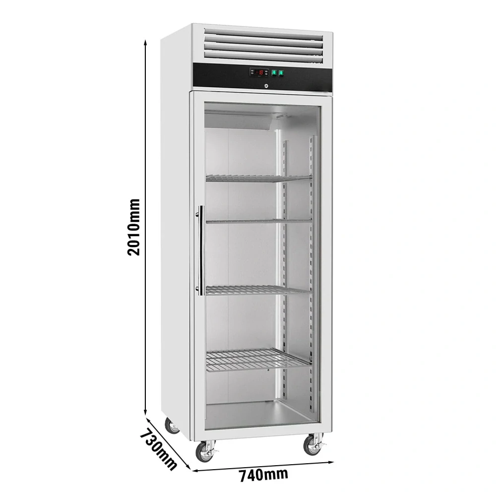 Nerezová mrazicí skříň ECO - GN 1/1 - 740 mm - 600 l - až -22 °C - s 1 skleněné dveře - Digitální termostat; Vyhřívaný rám; Ventilované chlazení; Automatické odmrazování; Uzamykatelné dveře; Kolečka