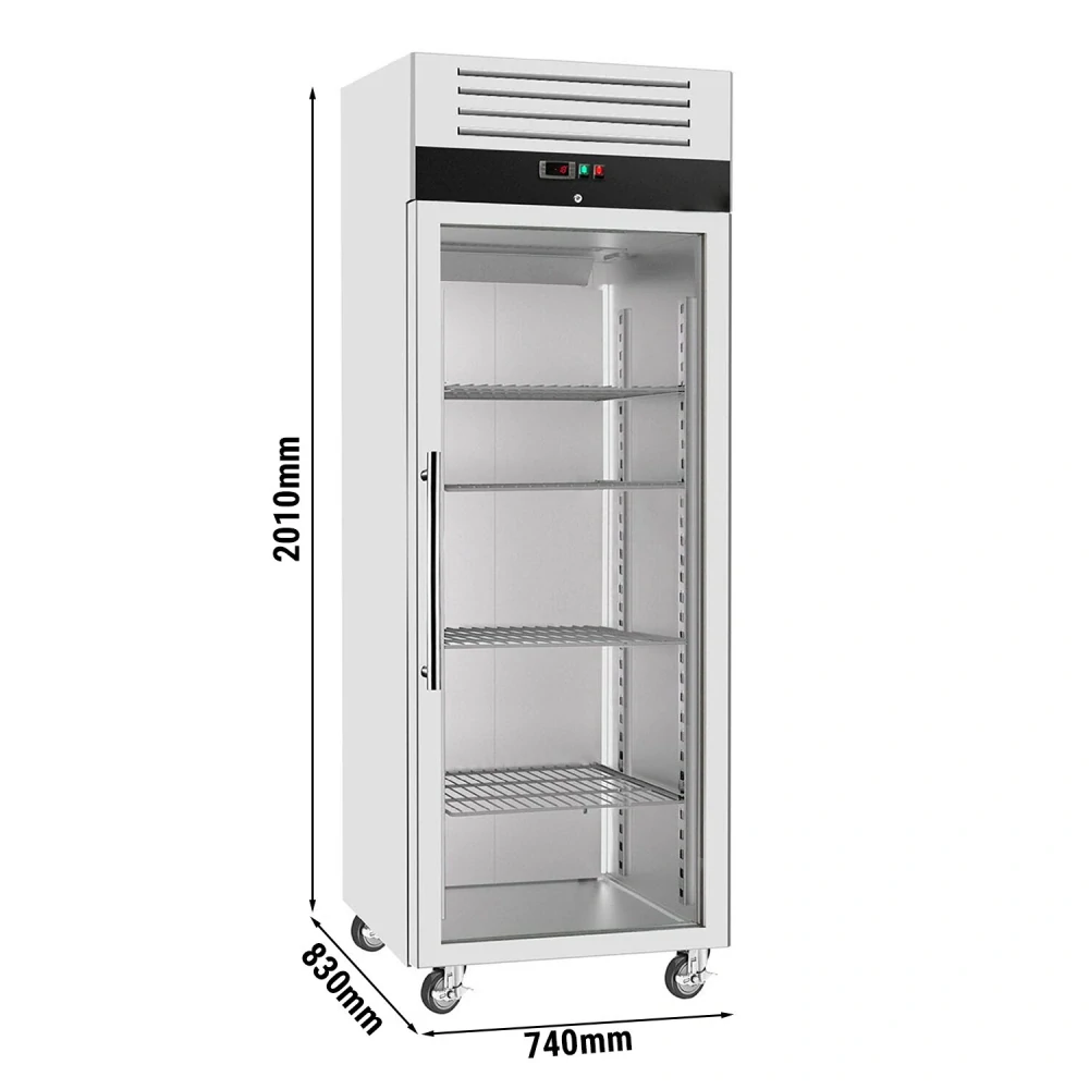 Nerezová mrazicí skříň ECO - GN 2/1 - 700 l - až -15 °C - s 1 skleněné dveře - Digitální termostat; Vyhřívaný rám; Ventilované chlazení; Automatické odmrazování; Uzamykatelné dveře