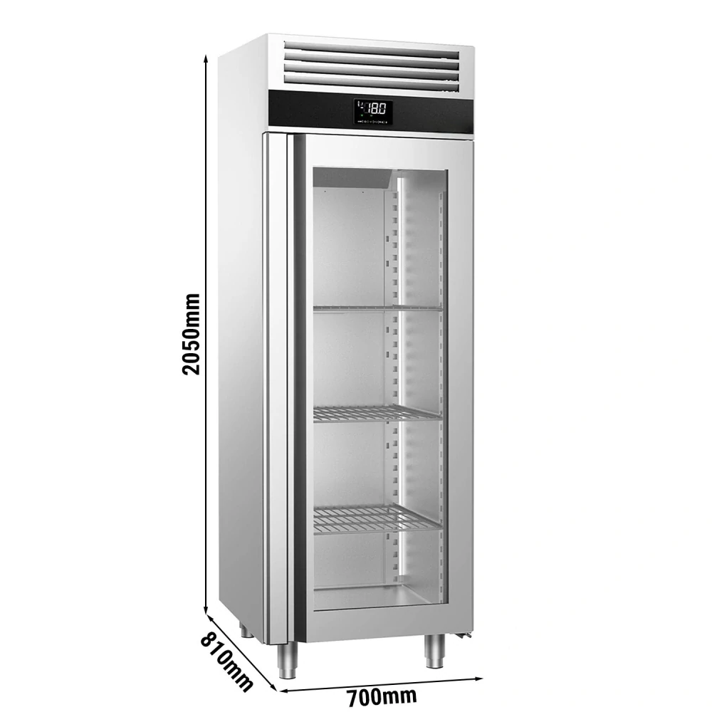 Nerezová mrazicí skříň PREMIUM - GN 2/1 - 700 mm - 700 l - až -20 °C - s 1 skleněné dveře - Digitální termostat; Samozavírací dveře; Automatické odmrazování; Ventilované chlazení