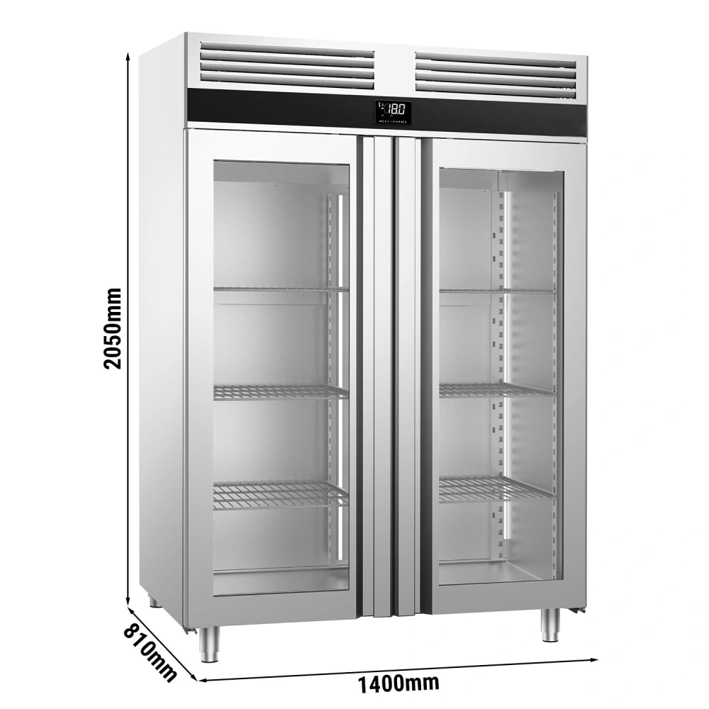 Nerezová mrazicí skříň PREMIUM - GN 2/1 - 1 400 l - až -20 °C - s 2 skleněné dveře - Digitální termostat; Samozavírací dveře; Ventilované chlazení; Automatické odmrazování