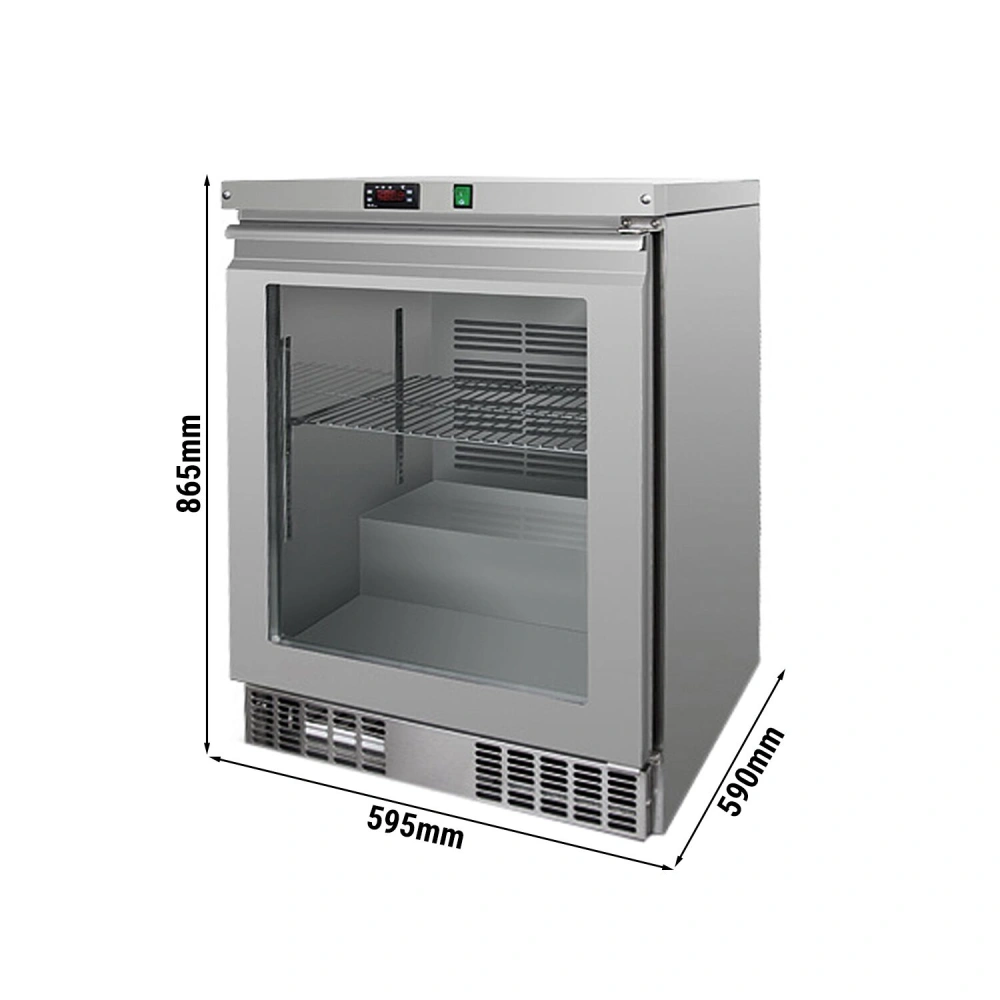 Podpultový mrazák Nerezová ocel PREMIUM - 595 mm - 110 l - až -20 °C - s 1 skleněné dveře - Dvojitě zasklené dveře; Digitální termostat; Ventilované…