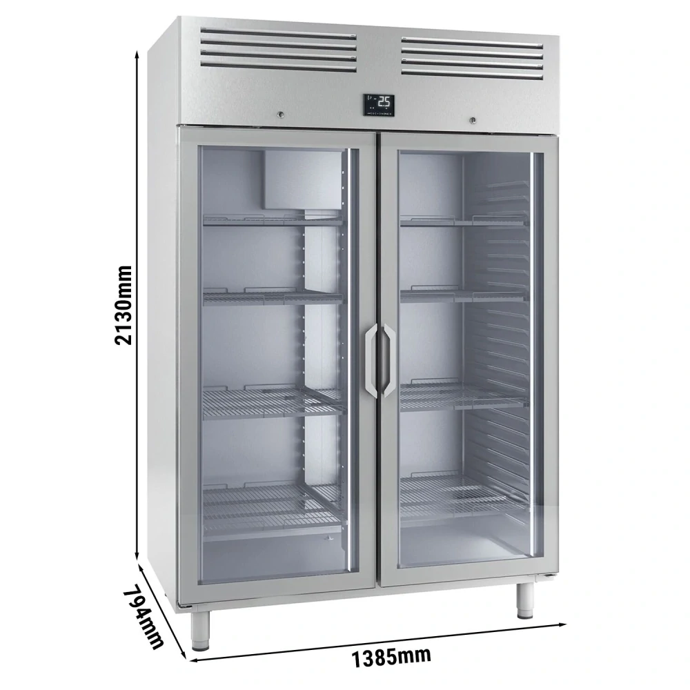 Nerezová chladicí skříň PREMIUM PLUS - GN 2/1 - 1385 mm - 1240 l - až +8 °C - s 2 skleněné dveře