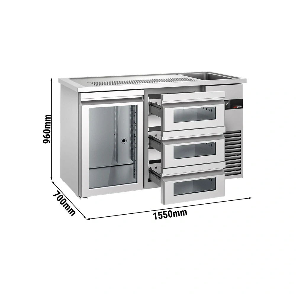 Výčepní pult PREMIUM - 1550x700 mm - 1 skleněné dveře & 3 skleněné zásuvky