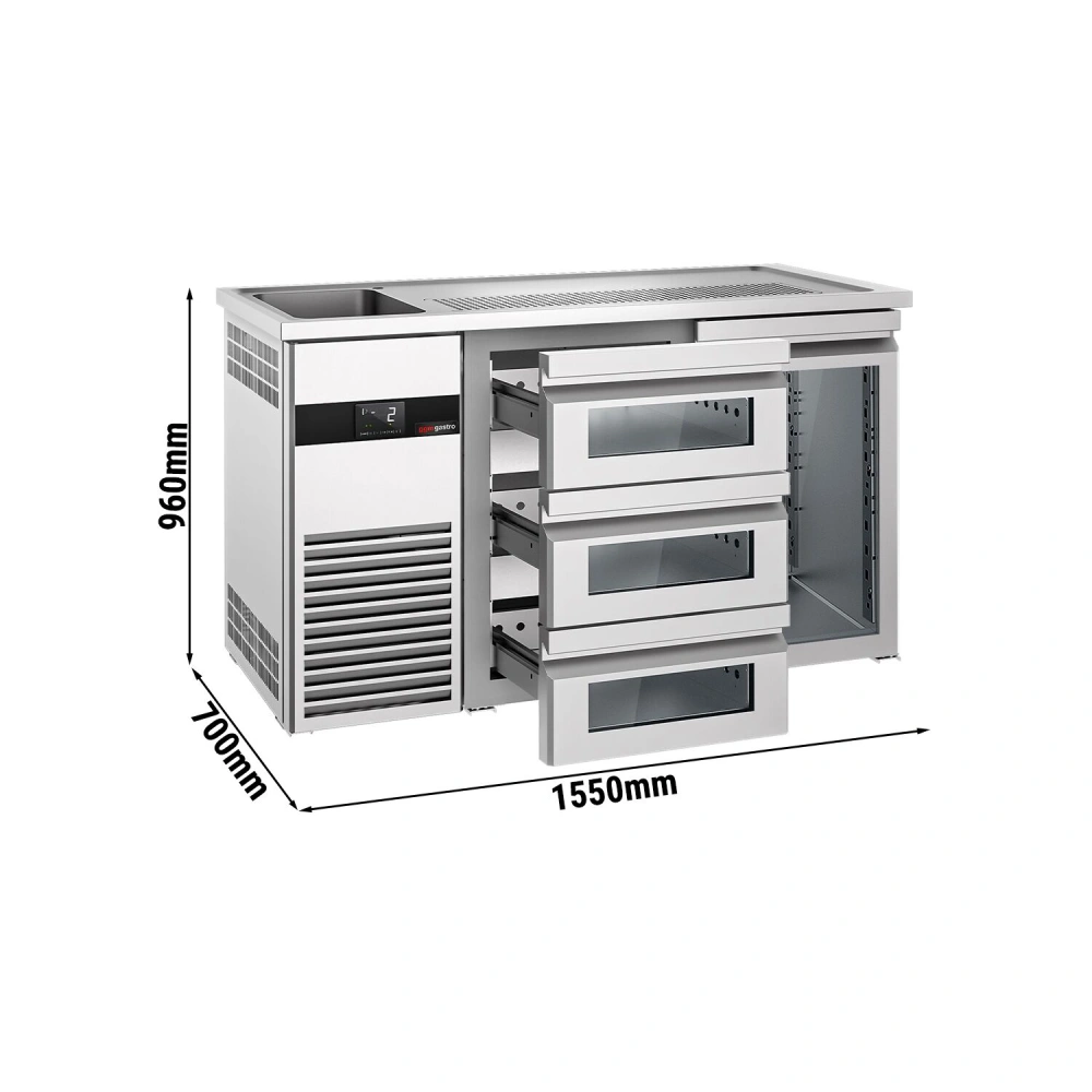 Výčepní pult PREMIUM - 1550x700 mm - 1 skleněné dveře & 3 skleněné zásuvky
