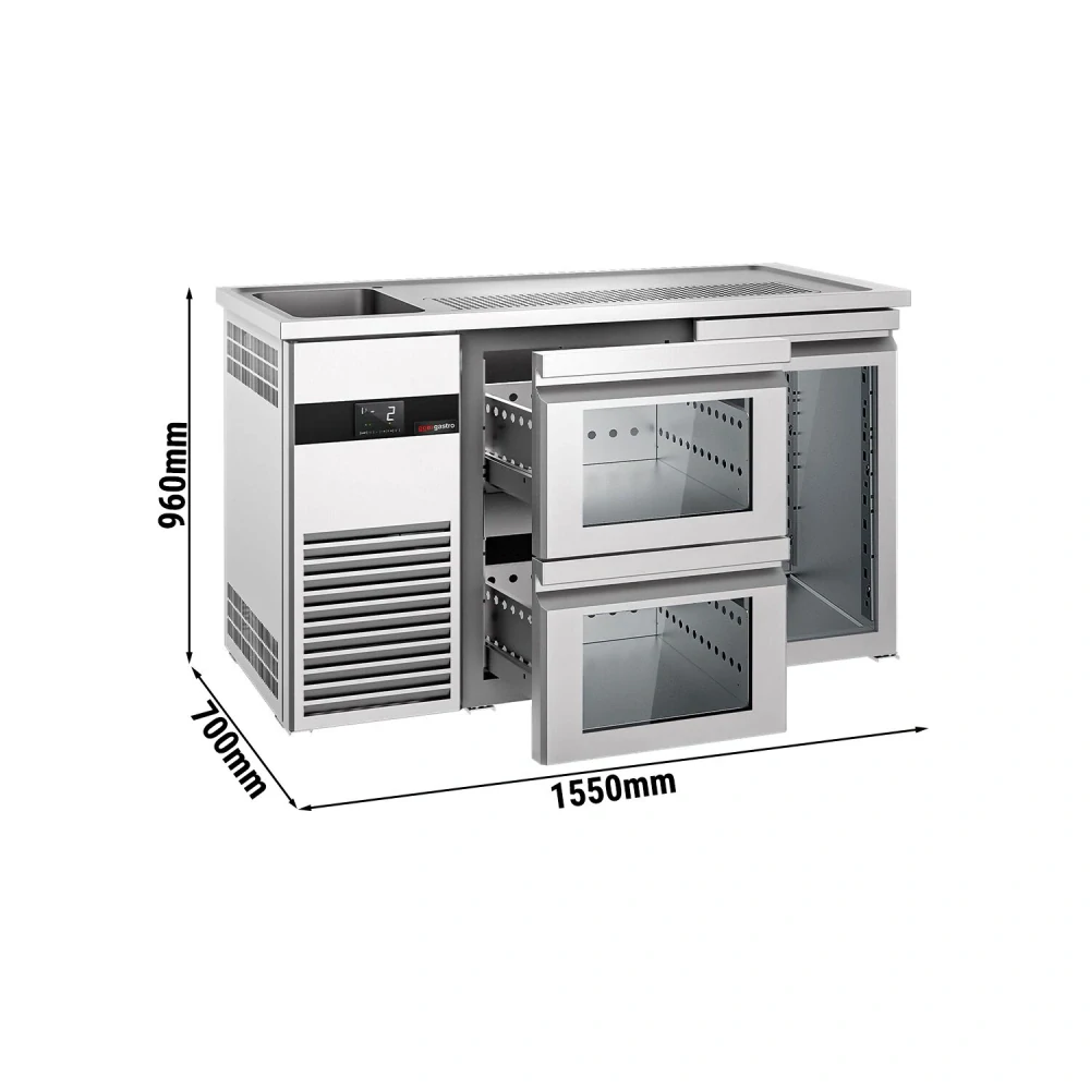 Výčepní pult PREMIUM - 1550x700 mm - 1 skleněné dveře & 2 skleněné zásuvky